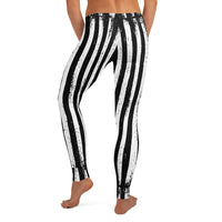 Distressed Black & White Vertical Stripes pattern on women's leggings, back view