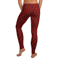 Red Haunted Mansion pattern on women's leggings, back view