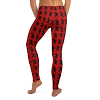Red Krampus pattern on women's leggings, back view