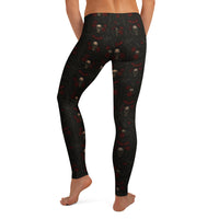 Skulls Bats Roses & Ravens pattern on women's leggings, back view