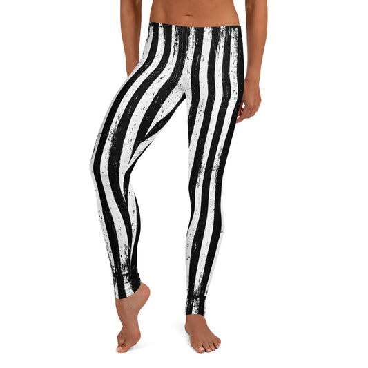 Distressed Black & White Vertical Stripes pattern on women's leggings, front view