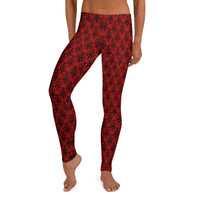 Red Haunted Mansion pattern on women's leggings, front view