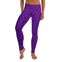 Purple Haunted Mansion pattern on women's leggings, front view