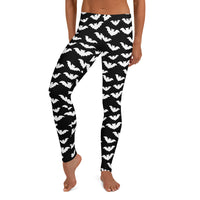 Flying Vampire Bats pattern on women's leggings, front view