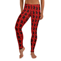 Red Krampus pattern on women's leggings, front view