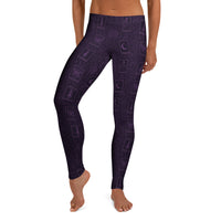 Purple Tarot Cards pattern on women's leggings, front view