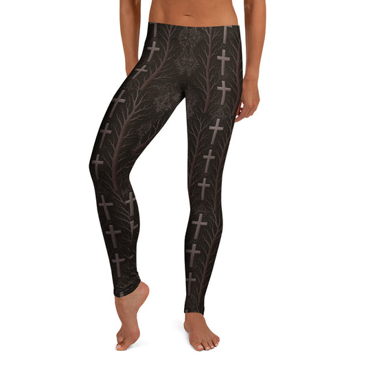 Gothic Cross & Dead Trees pattern on women's leggings, front view