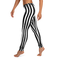 Distressed Black & White Vertical Stripes pattern on women's leggings, left-side view
