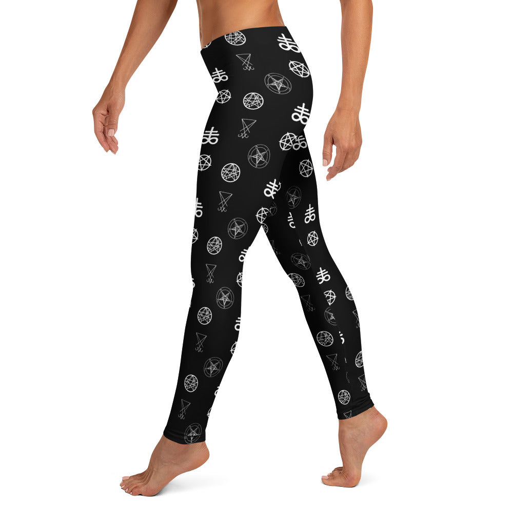 Demonology Occult Symbols pattern on women's leggings, left-side view