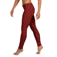 Red Haunted Mansion pattern on women's leggings, left-side view