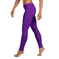 Purple Haunted Mansion pattern on women's leggings, left-side view