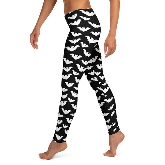 Flying Vampire Bats pattern on women's leggings, left-side view
