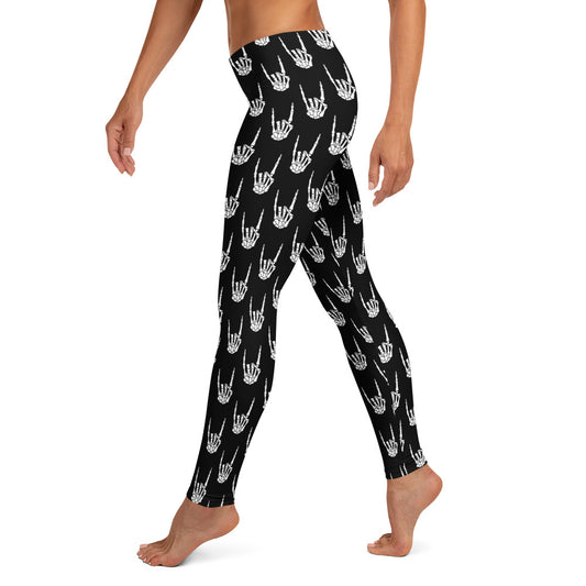 Devil Horns Bone Hands pattern on women's leggings, left-side view