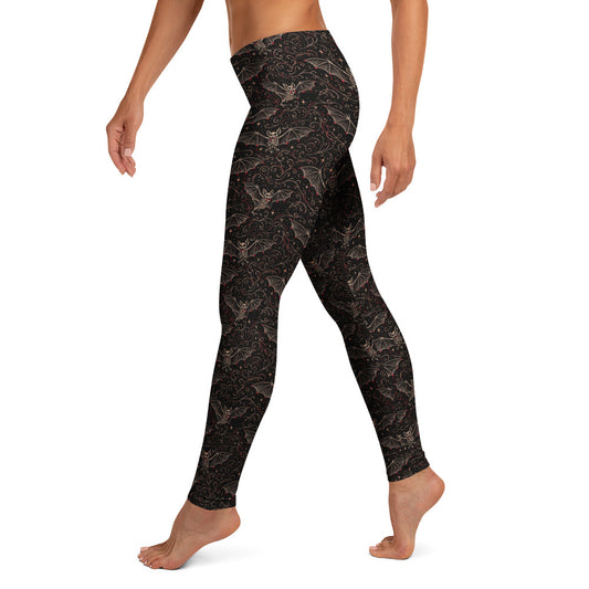 Vampire Bat Skeletons pattern on women's leggings, left-side view
