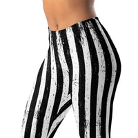 Distressed Black & White Vertical Stripes pattern on women's leggings, left-front view