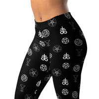 Demonology Occult Symbols pattern on women's leggings, left-front view
