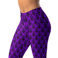 Purple Haunted Mansion pattern on women's leggings, left-front view