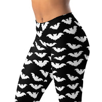 Flying Vampire Bats pattern on women's leggings, left-front view