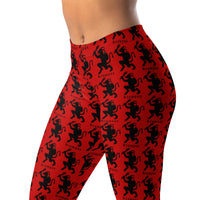 Red Krampus pattern on women's leggings, left-front view