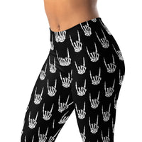 Devil Horns Bone Hands pattern on women's leggings, left-front view