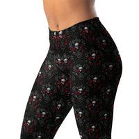 Bloody Skulls & Red Roses pattern on women's leggings, left-front view