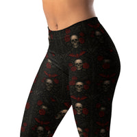 Skulls Bats Roses & Ravens pattern on women's leggings, left-front view