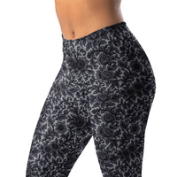 Black Rose Lace pattern on women's leggings, left-front view