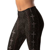 Gothic Cross & Dead Trees pattern on women's leggings, left-front view
