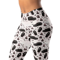 Hearse & Coffin pattern on women's leggings, left-front view