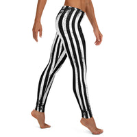 Distressed Black & White Vertical Stripes pattern on women's leggings, right-side view