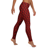 Red Haunted Mansion pattern on women's leggings, right-side view