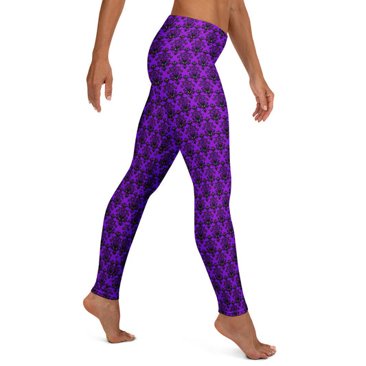 Purple Haunted Mansion pattern on women's leggings, right-side view