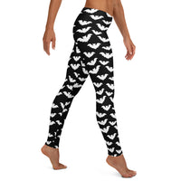 Flying Vampire Bats pattern on women's leggings, right-side view