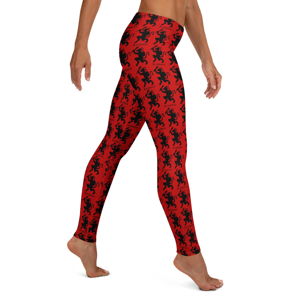 Red Krampus pattern on women's leggings, right-side view