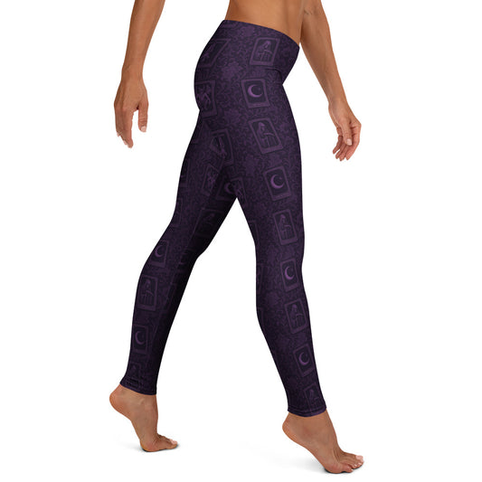 Purple Tarot Cards pattern on women's leggings, right-side view