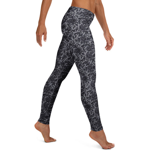 Black Rose Lace pattern on women's leggings, right-side view