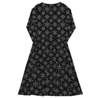 Gothic Snowflakes pattern on women's long-sleeve midi dress, back view