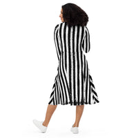 Distressed Vertical Stripes pattern on women's long-sleeve midi dress, back view