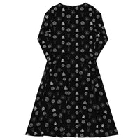 Demonology Occult Symbols pattern on women's long-sleeve midi dress, back view