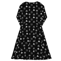 Viking Runes & Norse Symbols pattern on women's long-sleeve midi dress, back view