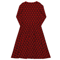 Red Haunted Mansion pattern on women's long-sleeve midi dress, back view
