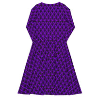 Purple Haunted Mansion pattern on women's long-sleeve midi dress, back view