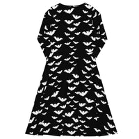 Flying Vampire Bats pattern on women's long-sleeve midi dress, back view