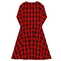 Red Krampus pattern on women's long-sleeve midi dress, back view