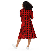 Red Krampus pattern on women's long-sleeve midi dress, back view