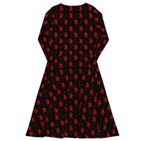 Black Krampus pattern on women's long-sleeve midi dress, back view