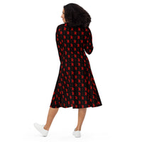 Black Krampus pattern on women's long-sleeve midi dress, back view