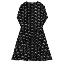 8 Ball Billiards pattern on women's long-sleeve midi dress, back view