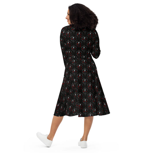Bloody Skulls & Red Roses pattern on women's long-sleeve midi dress, back view