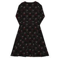 Bloody Skulls & Red Roses pattern on women's long-sleeve midi dress, back view
